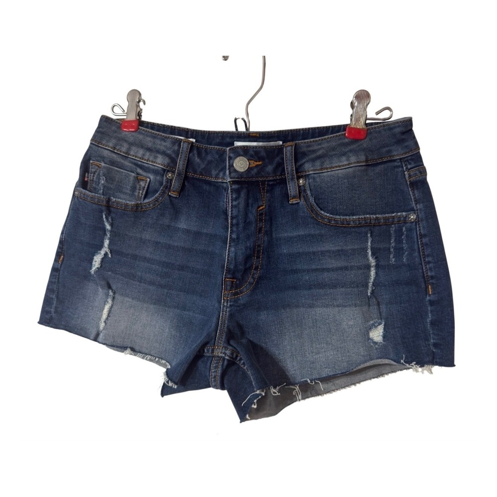 Vigoss Marley Mid Rise Distressed Denim Shorts Dark Wash Cut Off Raw Hem Size 27